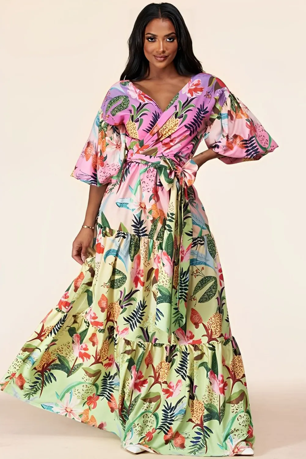 Plus Size Surplice Bodice Flouncy Tiered Dress