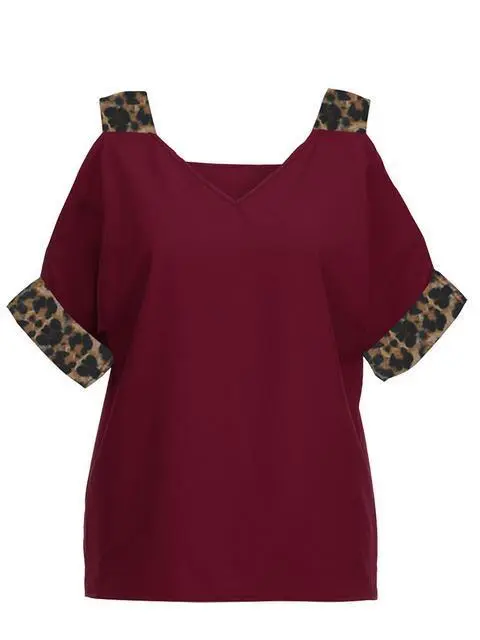 Leopard Print V-neck Cold Shoulder Tops