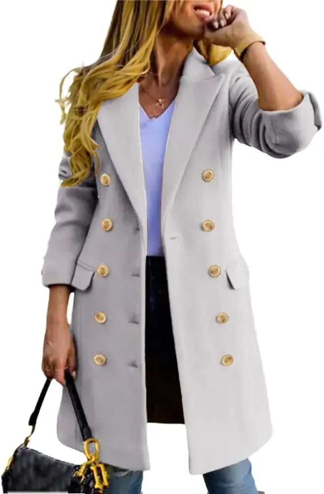 Womens Fall Winter Wool Coats Double Breasted Midi Peacoat Trench Coats
