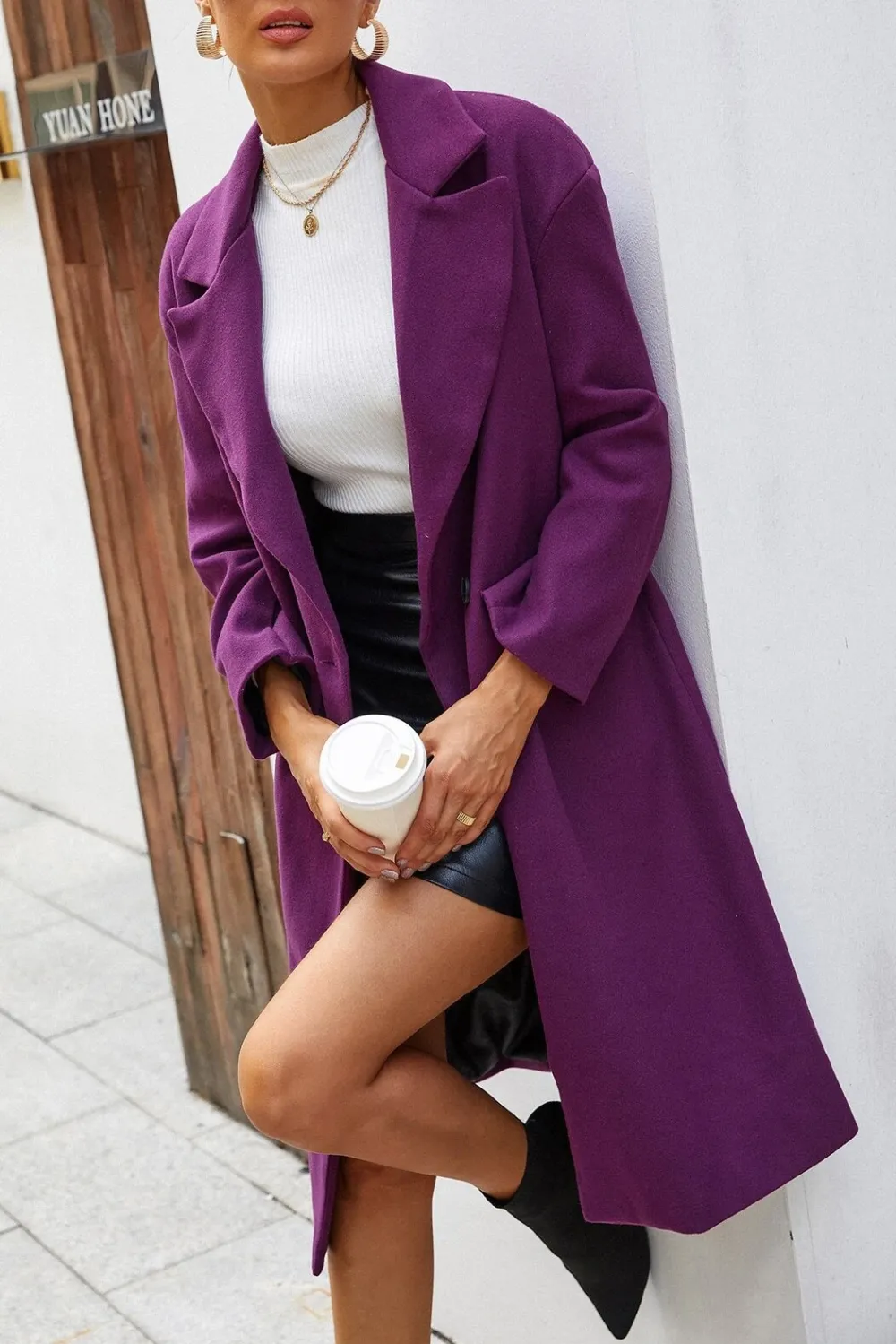 Solid Suit Collar Coat in Purple