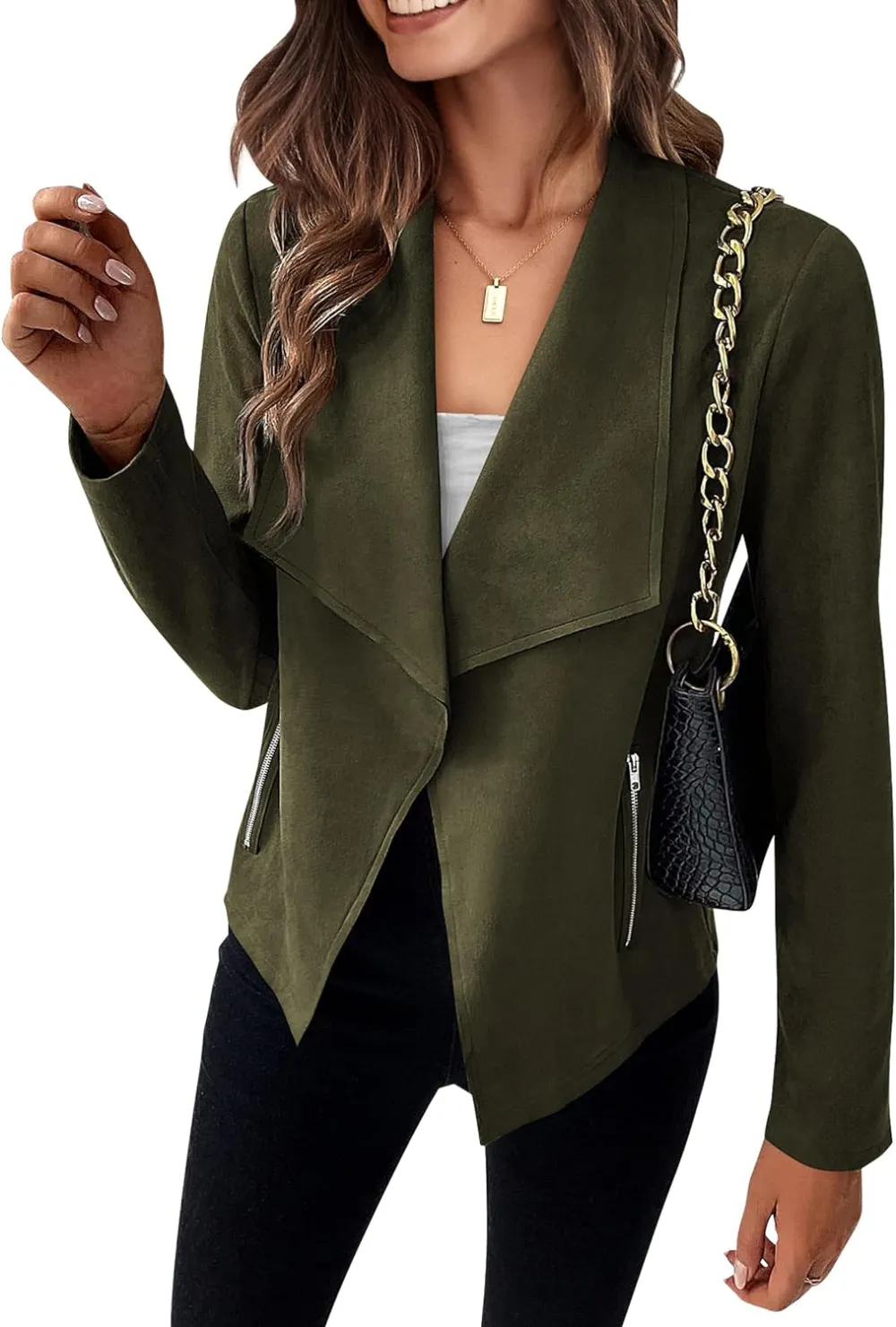 Women's Faux Suede Jackets 2023 Fall Clothes Long Sleeve Open Front Cropped Coat Outwear