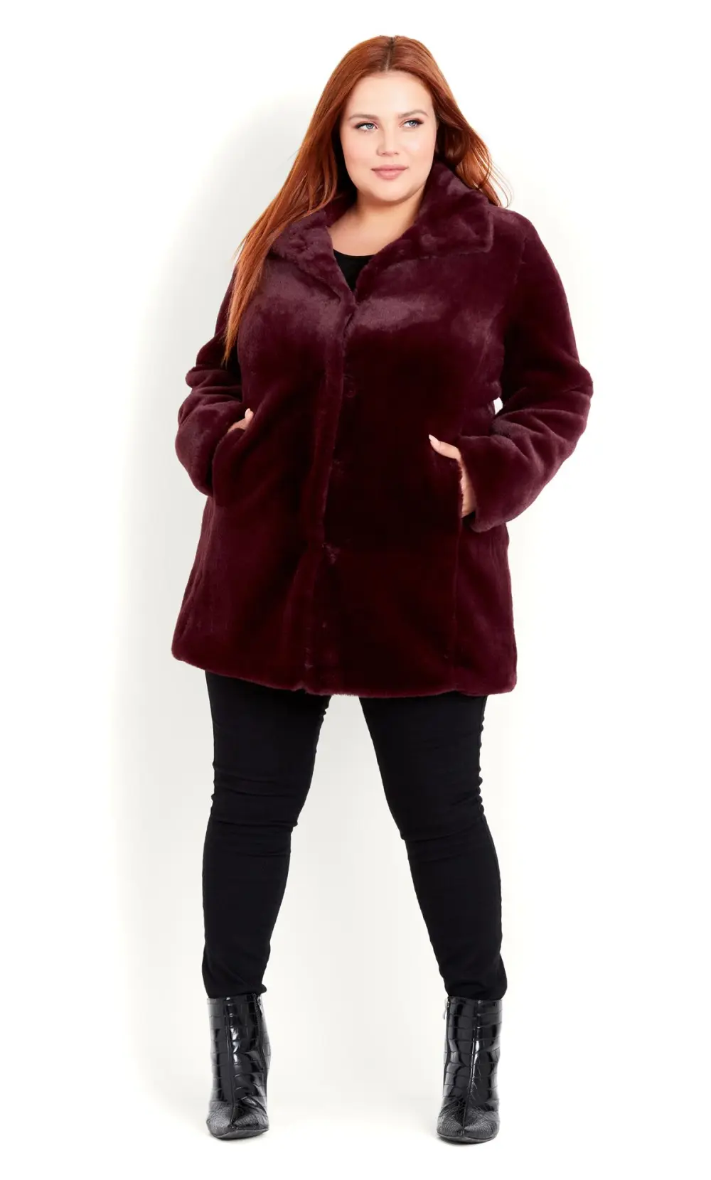 Evans Burgundy Red Faux Fur Coat