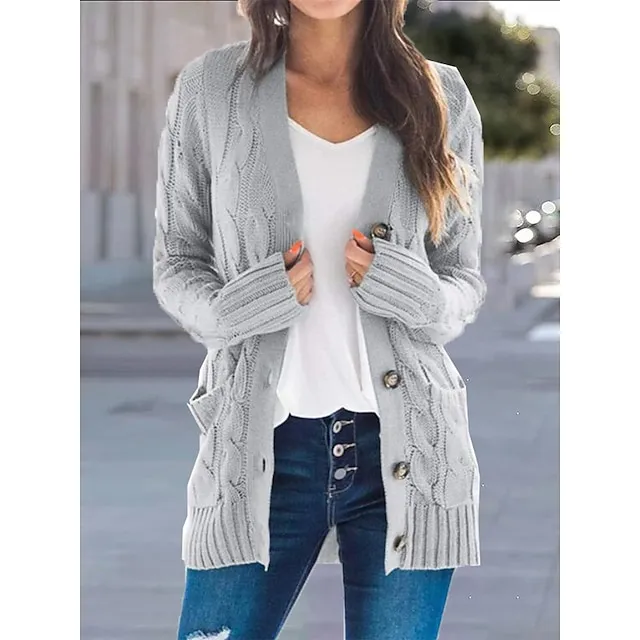 Women's Cardigan Pocket Knitted Button Solid Color Casual Chunky Long Sleeves