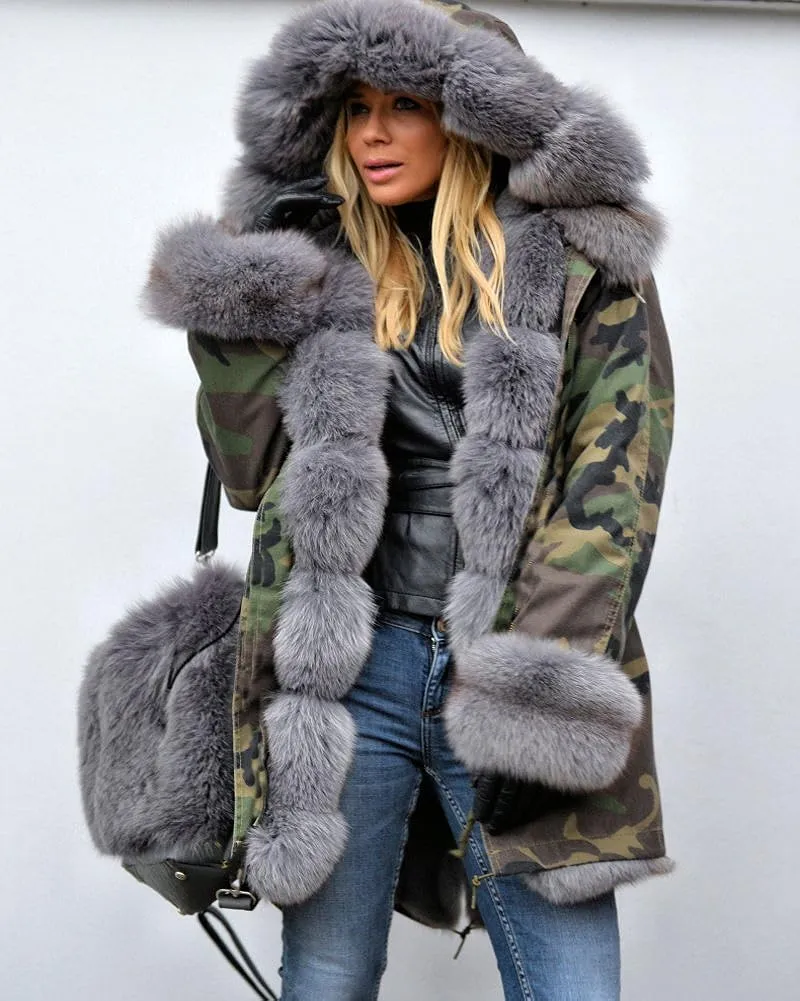 Womens Hooded Camouflage Warm Winter Coats Faux Fur Jacket Parka Overcoat