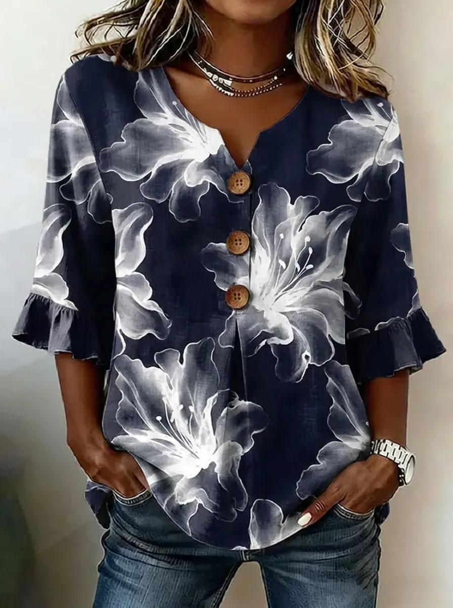 Women's Nashville Floral Print Button-Down Ruffle Sleeve Top