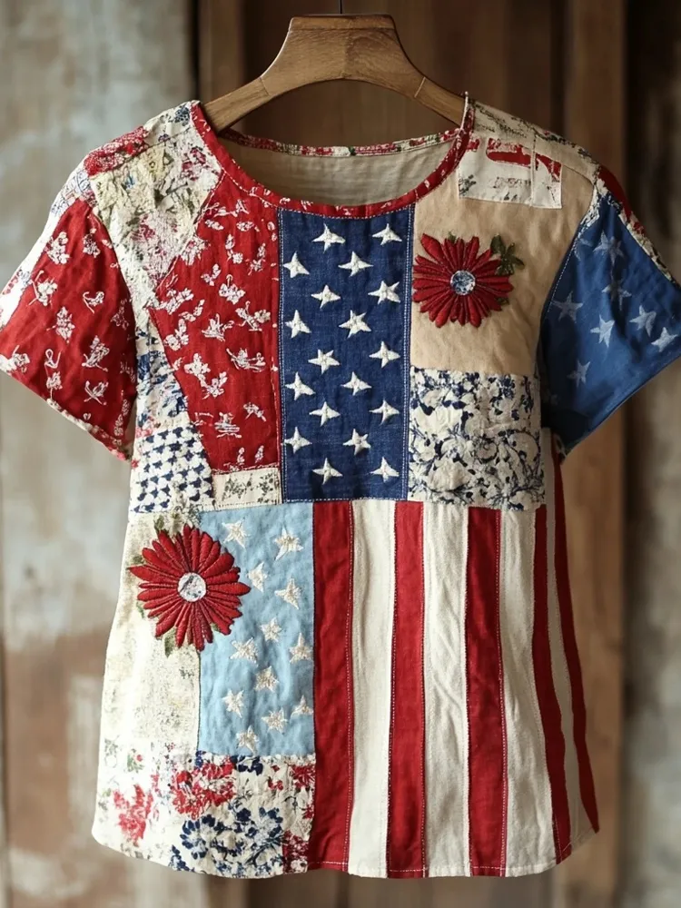 Vintage Flag Inspired Patchworkfloral Embroidered Linen T Shirt