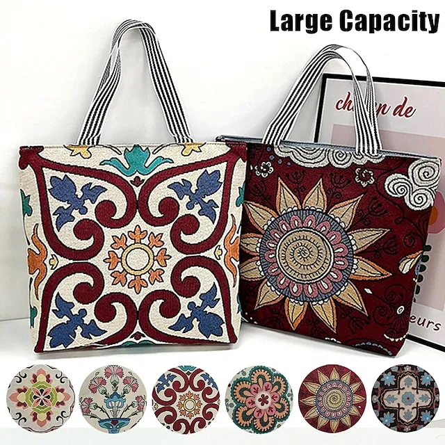 Women's Tote Shoulder Bag Canvas Tote Bag Canvas Shopping Holiday Zipper Large Capacity Foldable Lightweight Geometric Folk Style one Style Three Style two