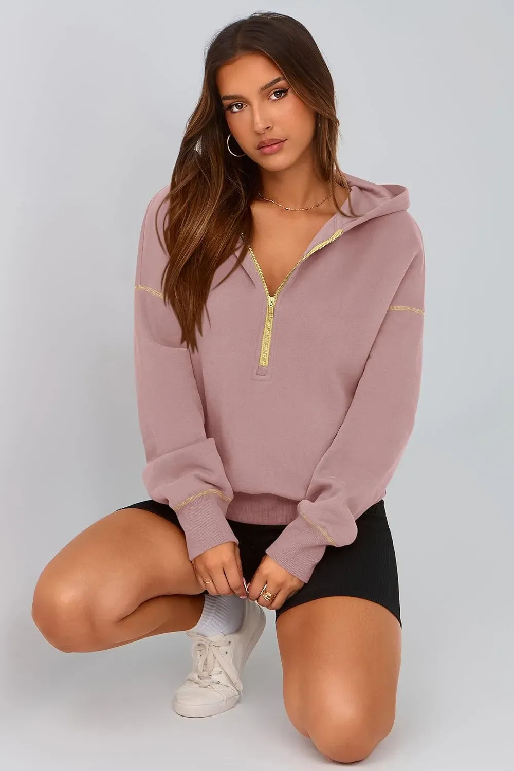 Women's Hooded Sweatshirts Long Sleeve Half Zip Cropped Hoodie Pullover Winter Fashion Clothes