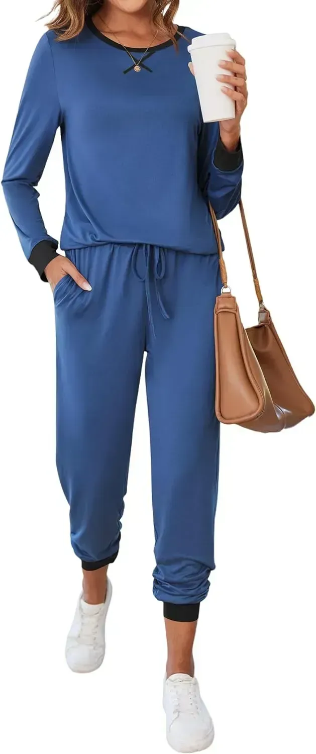 Women's Pajamas Sets Long Sleeve with Plaid Pants Soft Sleepwear O Neck 2 Piece Pjs Joggers Loung Set with Pockets