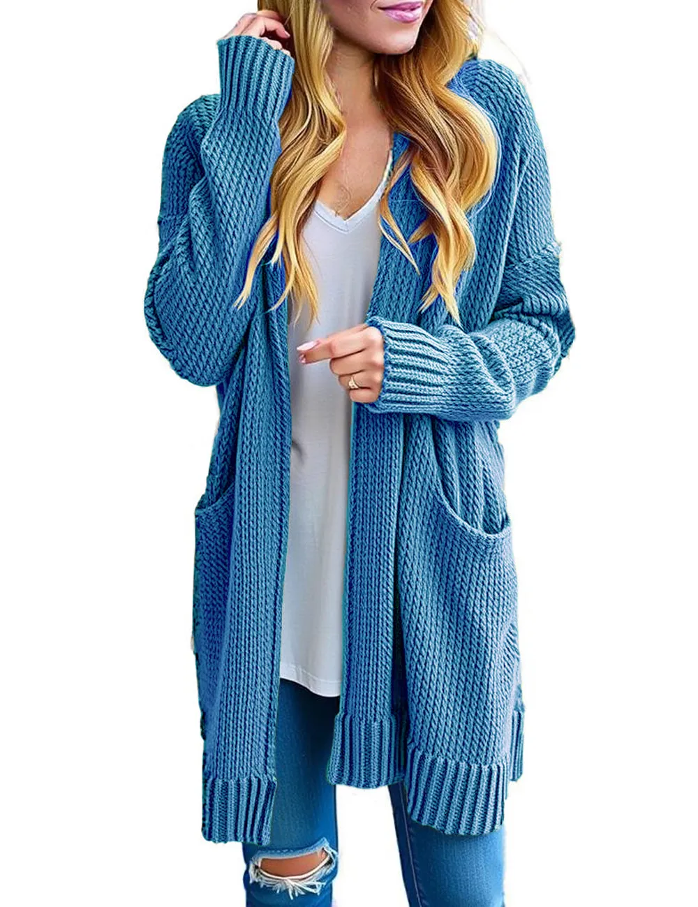 Women's Long Sleeve Knit Sweater Open Hooded Cardigan Jacket