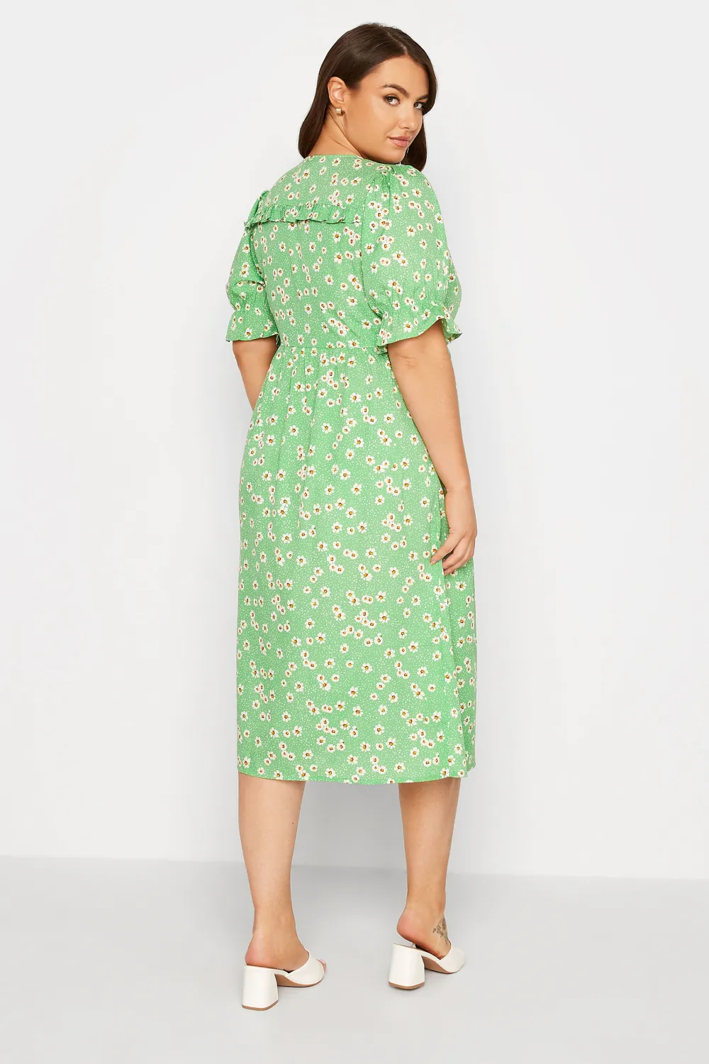 YOURS Curve Green Daisy Print Frill Sleeve Wrap Dress