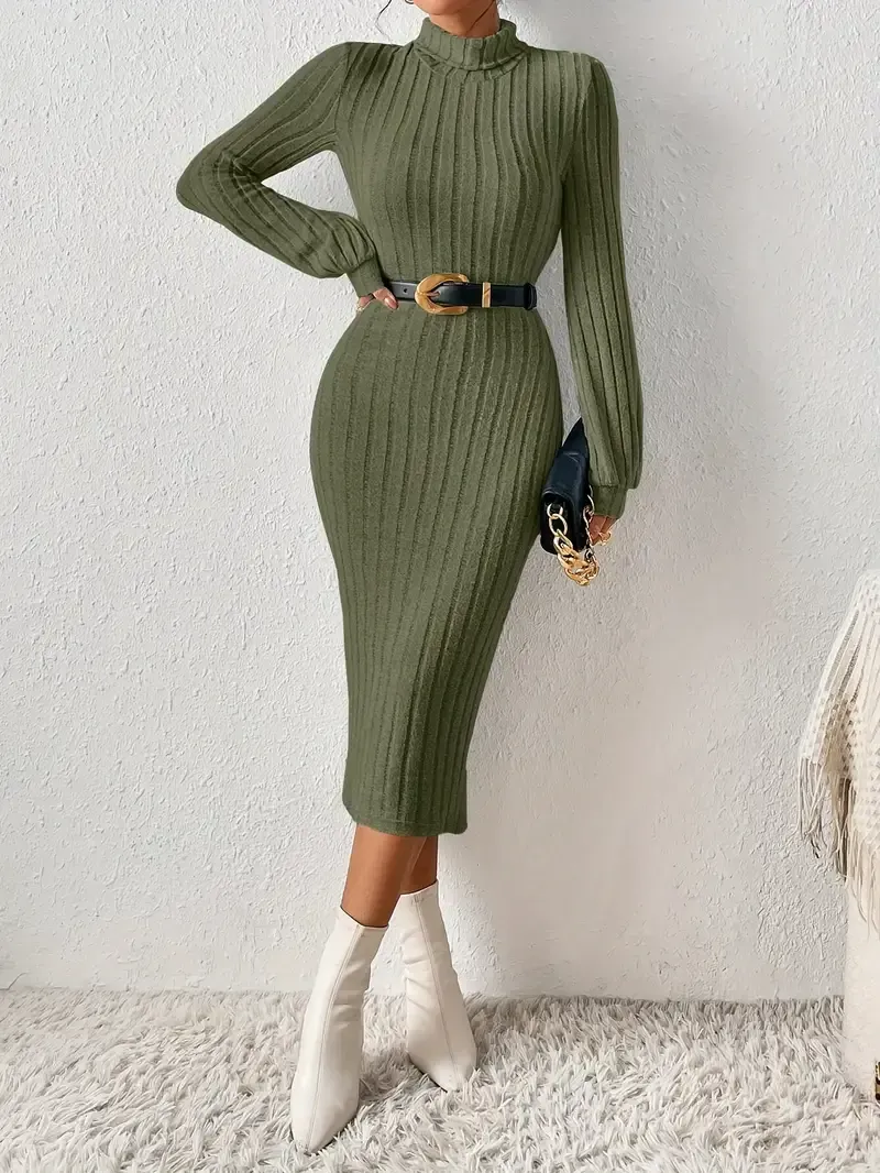 Ribbed Solid Bodycon Dress, Elegant Turtleneck Long Sleeve Dress, Women's Clothing