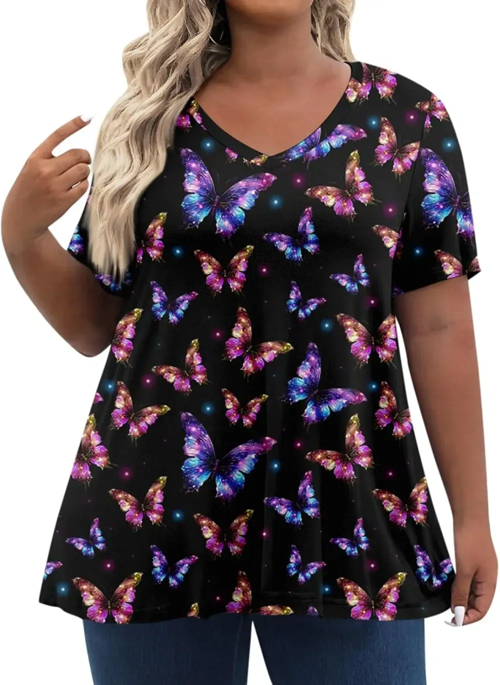 Plus Size Tops for Women Dressy Short Sleeve V Neck Shirts for Women Summer Tops for Women 2024 Floral Print Top