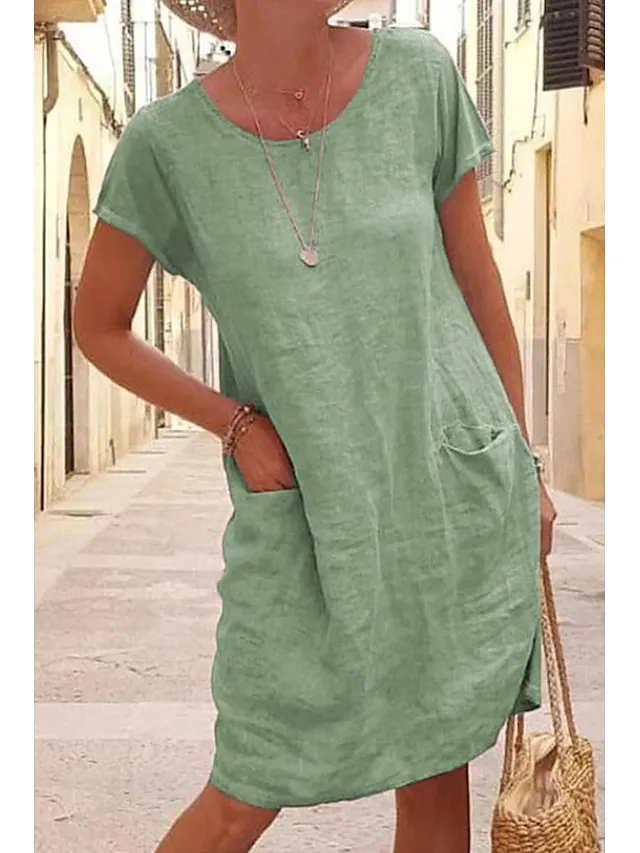 Women‘s Shift Dress Knee Length Dress Short Sleeve Pure Color Pocket Spring Summer Crew Neck Basic Casual Classic Loose 2023 S M L XL 2XL 3XL 4XL 5XL / Cotton