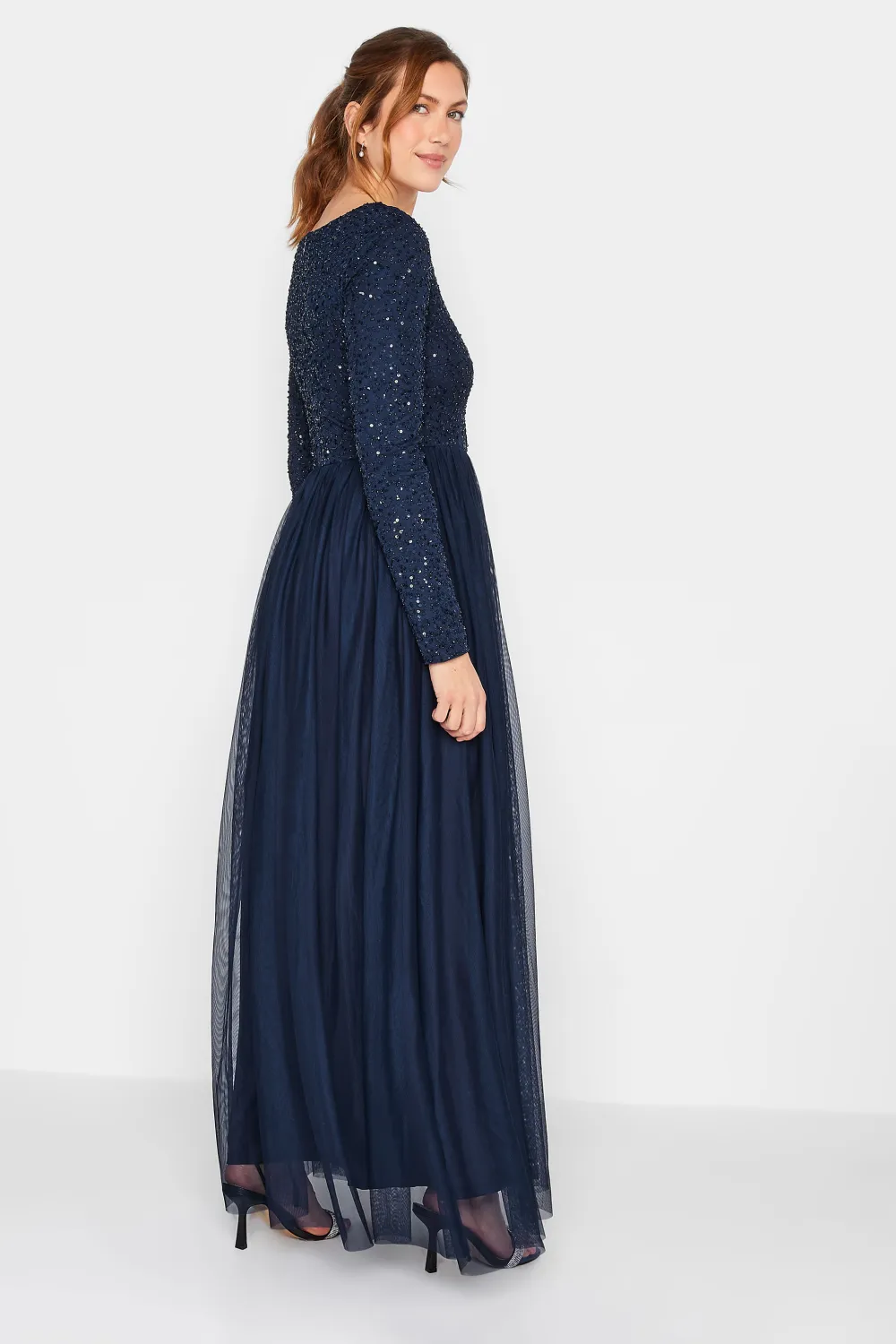 LTS Tall Blush Pink Long Sleeve Sequin Hand Embellished Maxi Dress