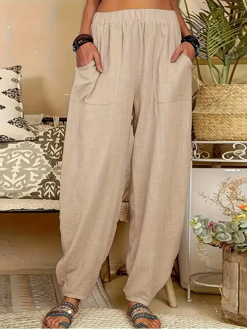 Women's Casual Lightweight Harem Pants with Elastic Waist and Side Pockets