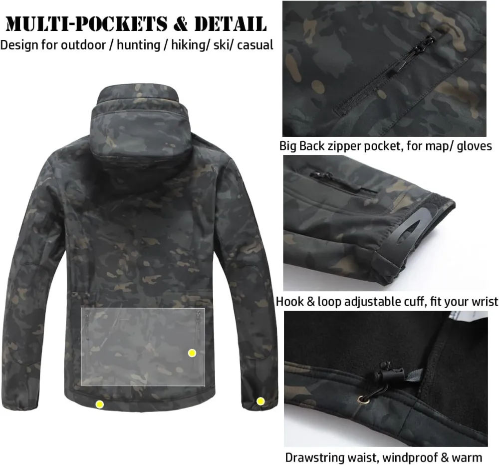 Men's Soft Shell Military Tactical Jacket Outdoor Camouflage Hunting Fleece Hooded Coat