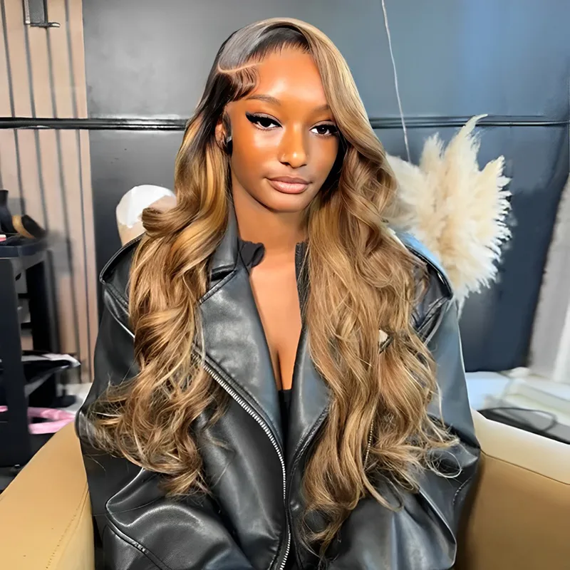 Sterly Hair Black Roots with 4/27 Highlight Wig Body Wave Lace Front Human Hair Wig
