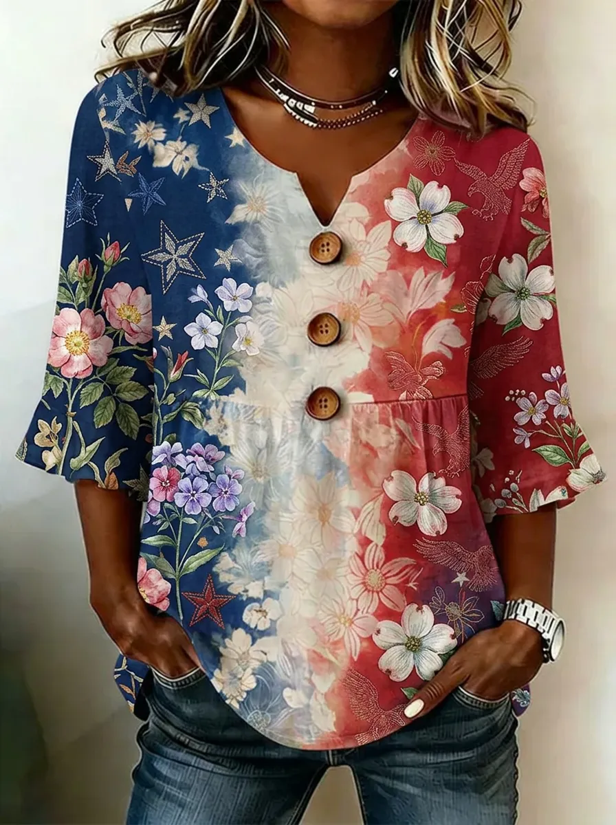 Women's Nashville Floral Star Printed Button V-neck Top