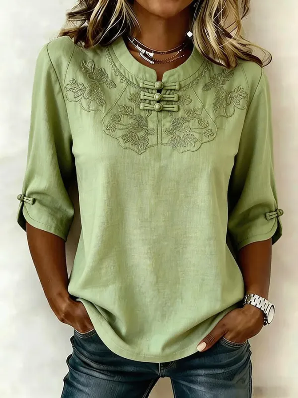 Women'S Retro Cotton Linen Flower Art Printing Design Casual T-Shirt