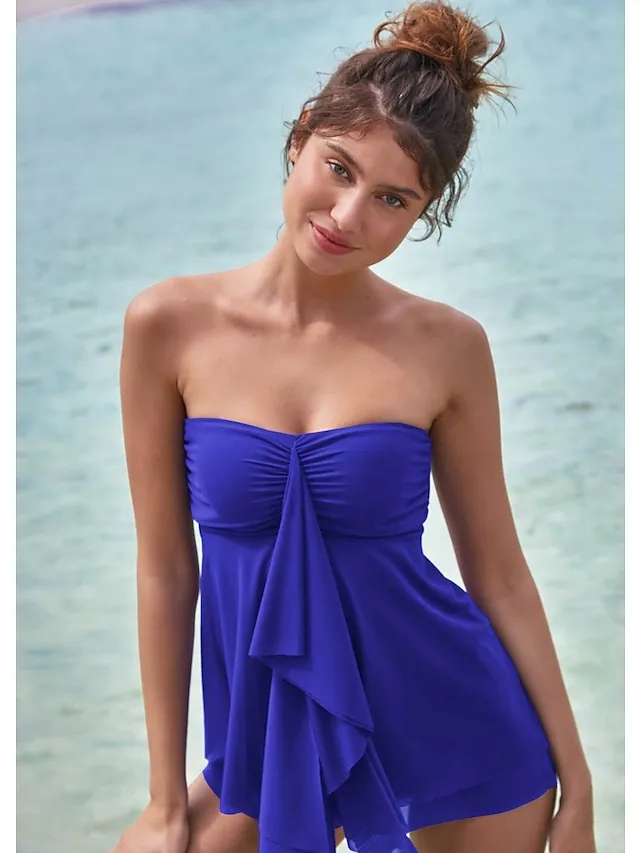 Women's Swimwear Tankini 2 Piece Normal Swimsuit 2 Piece Modest Swimwear Bandeau Strapless Solid Color Black Pink Royal Blue Green Khaki Padded Strap Bathing Suits Sports Vacation Beach Wear