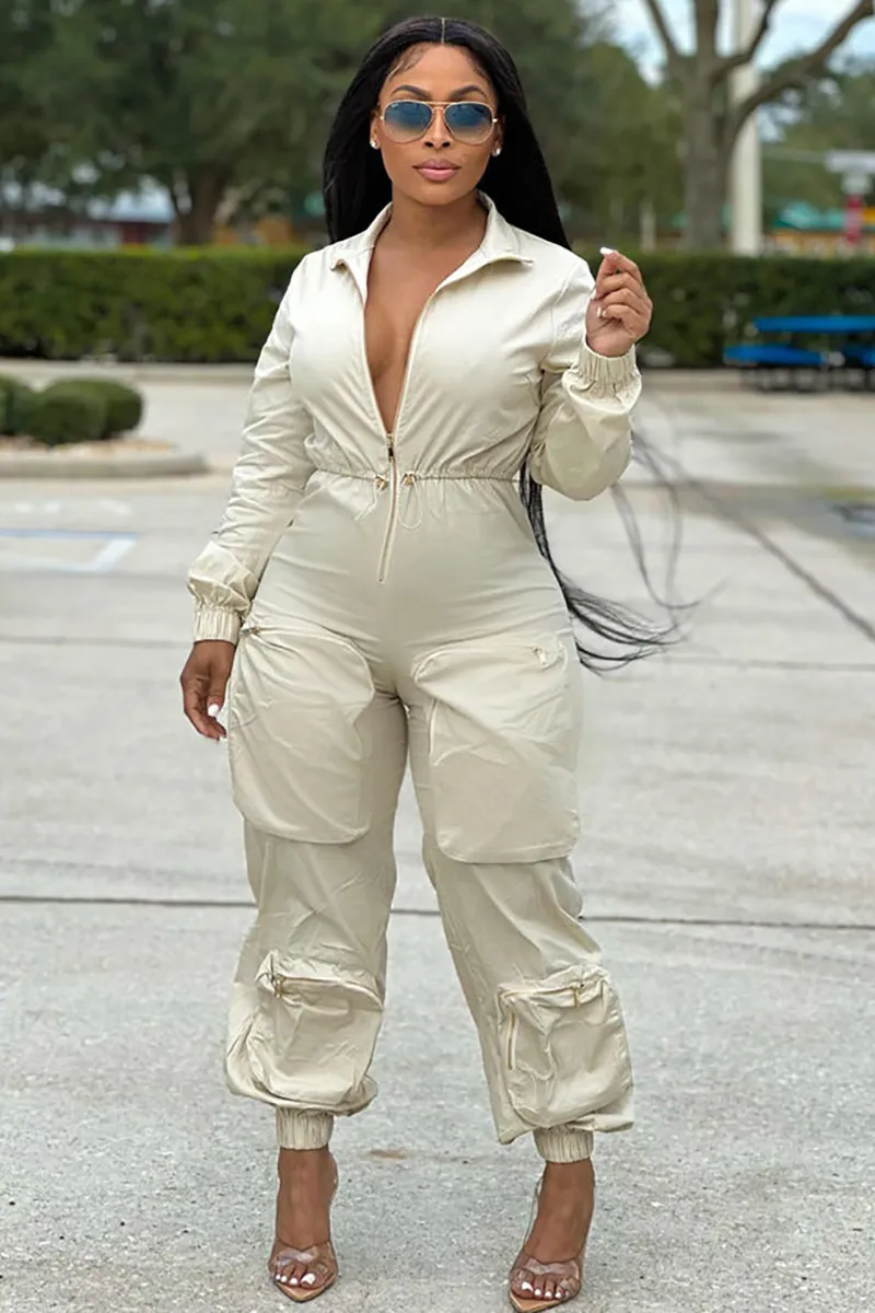 Deep V Zipper Neck Long Sleeve Drawstring Pocket Trousers Casual Jumpsuit