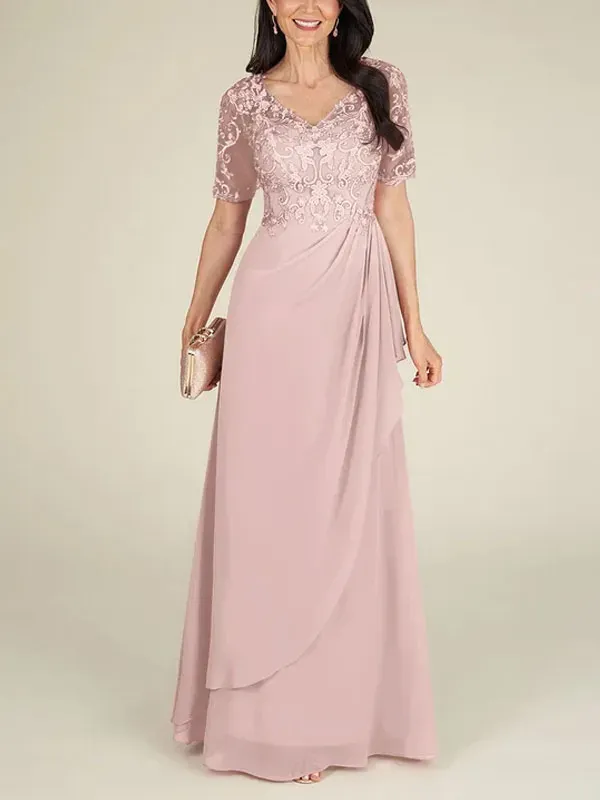 Floor-to-ceiling chiffon lace back zip bridal mom dress