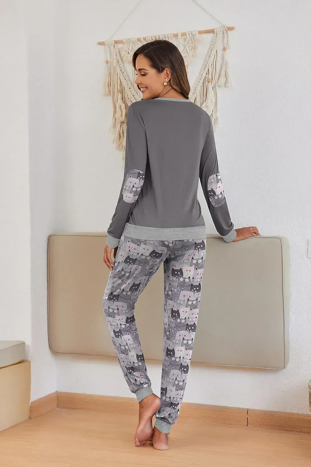 Women's Pajamas Sets Long Sleeve with Plaid Pants Soft Sleepwear O Neck 2 Piece Pjs Joggers Loung Set with Pockets