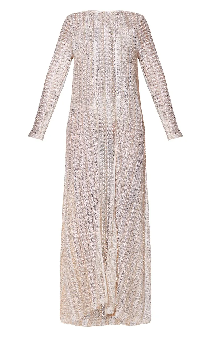 Cream Metallic Netted Crochet Beach Kimono