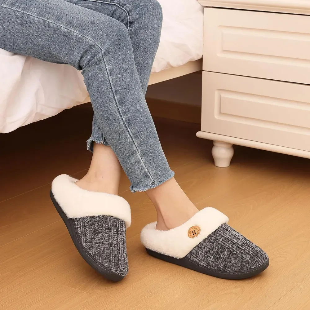 Warm Knit House Slippers for Women Comfy Wool-Like Lined Chenille Slippers with Memory Foam and Indoor Outdoor Soles