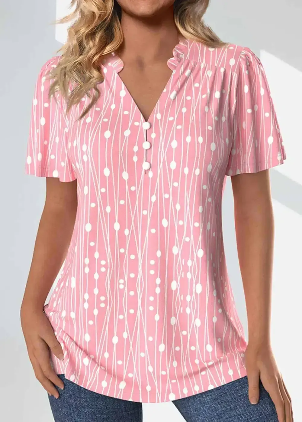 Pink Frill Geometric Print Short Sleeve Split Neck Blouse