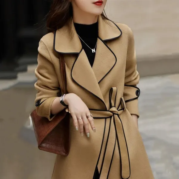 Autumn and winter mid-length slim fit tie woolen coat