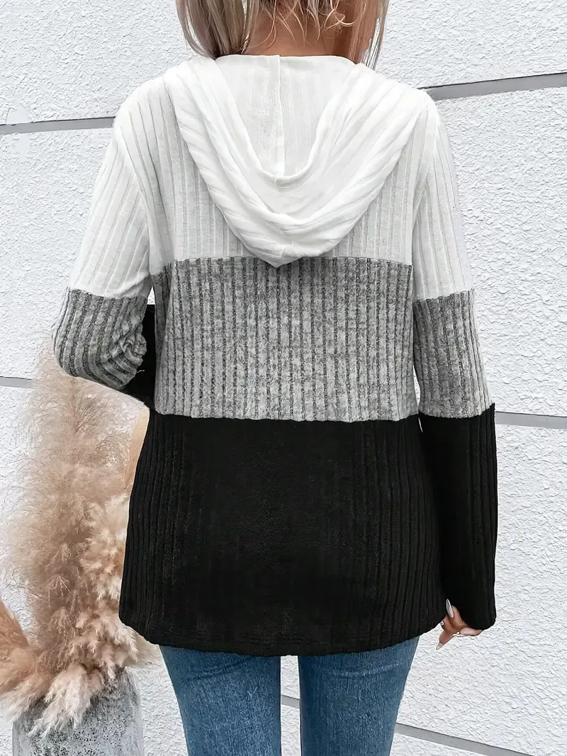 Women's Casual Color Block Zip-Up Hoodie with Drawstring - Ribbed Texture, Long Sleeves, Machine Washable, Polyester & Spandex Blend, Ideal for Spring/Fall, Oversized Hoodie