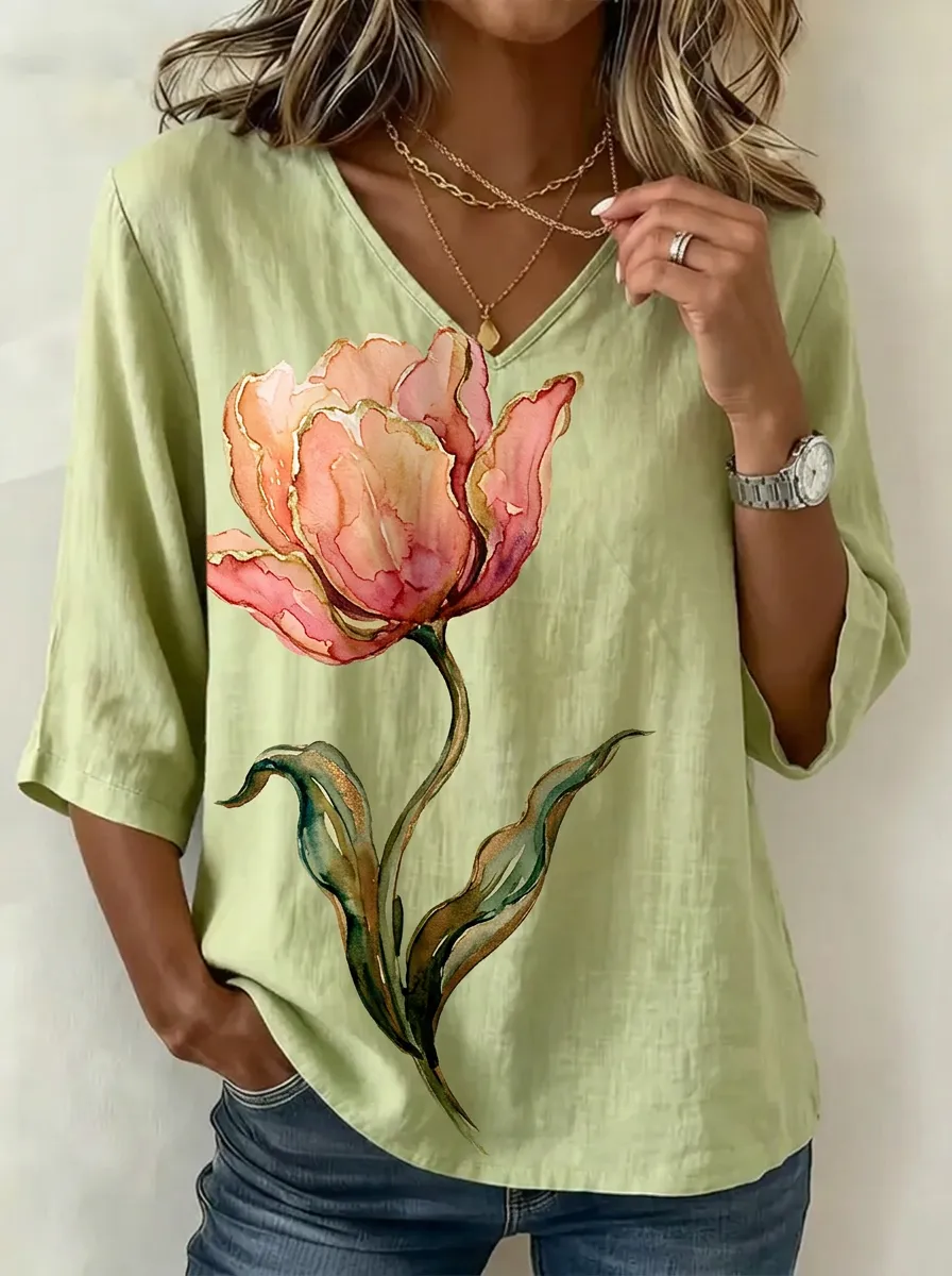 Women's Nashville Floral Watercolor Tulip Printed V-Neck Top