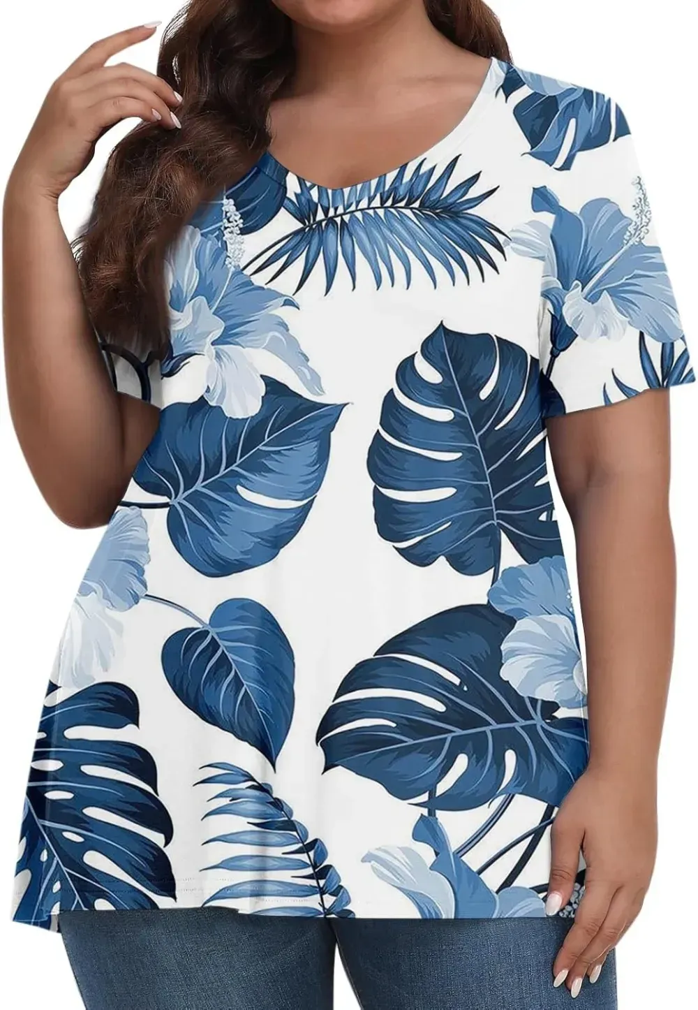 Plus Size Tops for Women Dressy Short Sleeve V Neck Shirts for Women Summer Tops for Women 2024 Floral Print Top