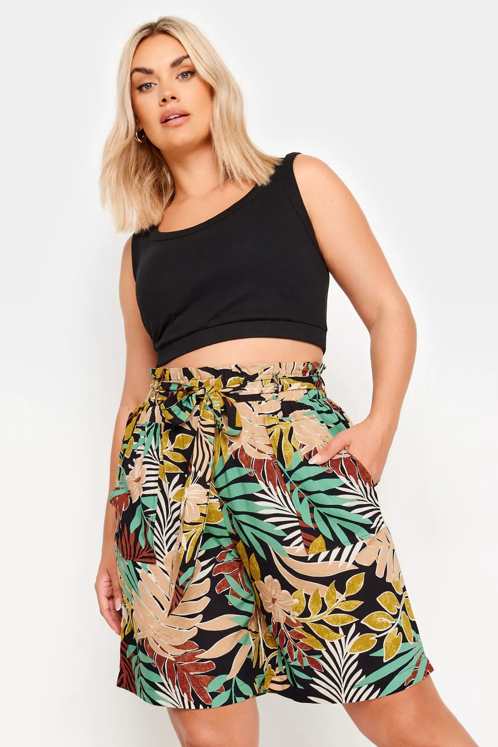 YOURS Curve Black Tropical Print Paperbag Shorts