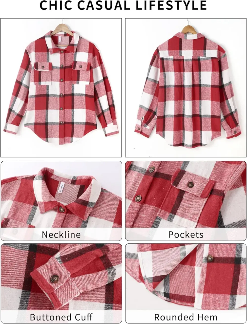 Women's Casual Plaid Flannel Shacket Jacket Oversized Button Down Long Sleeve Fall Shirts Jacket Lapel Coats Tops