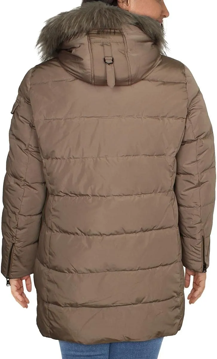 Women's Asymmetric Quilted Down Puffer Coat with Faux Fur Trim