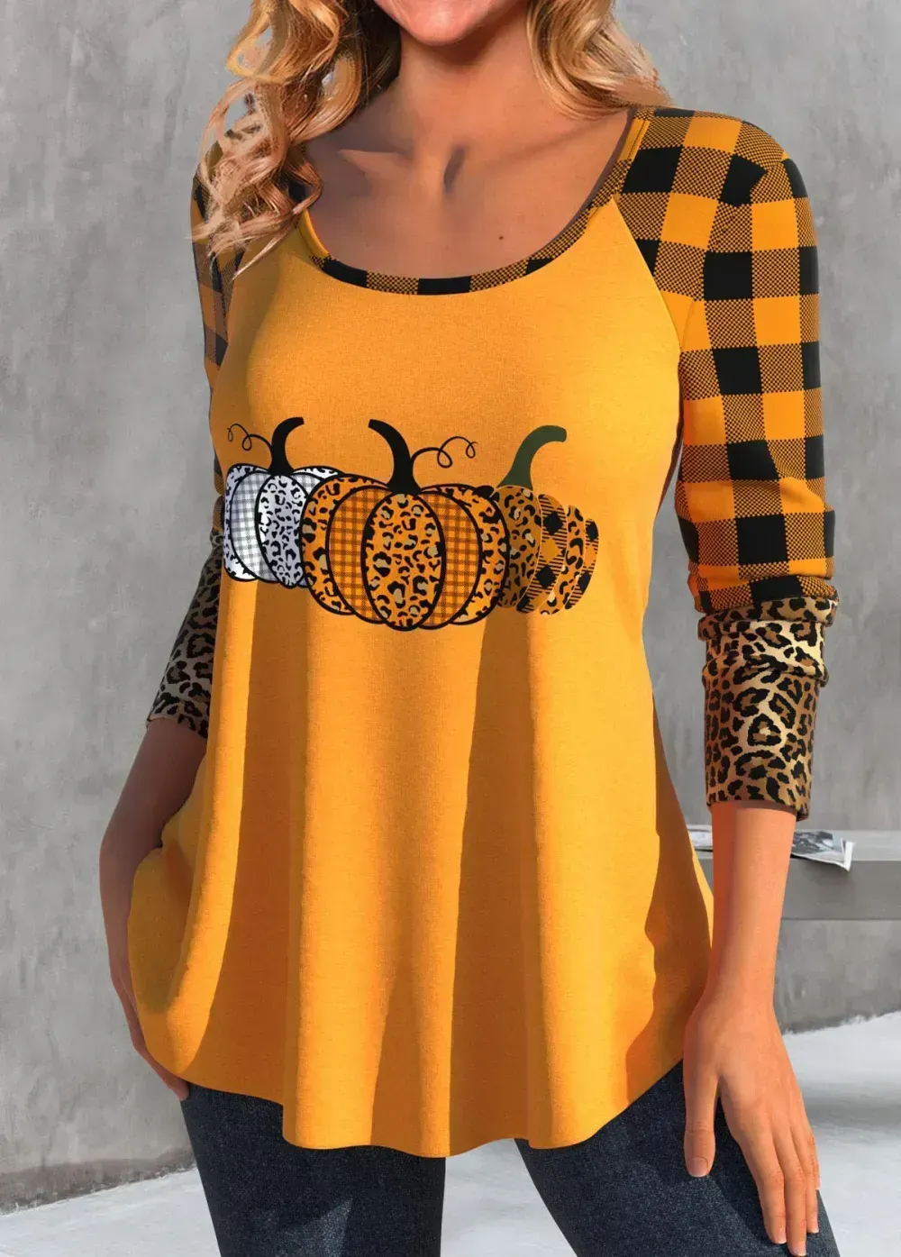Orange Patchwork Halloween Print Long Sleeve T Shirt