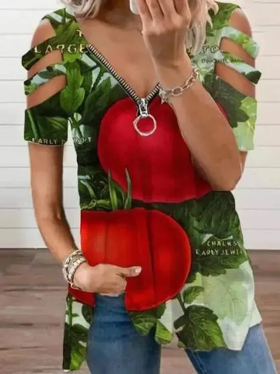 Women Short Sleeve V-neck Floral Printed Geometric Top