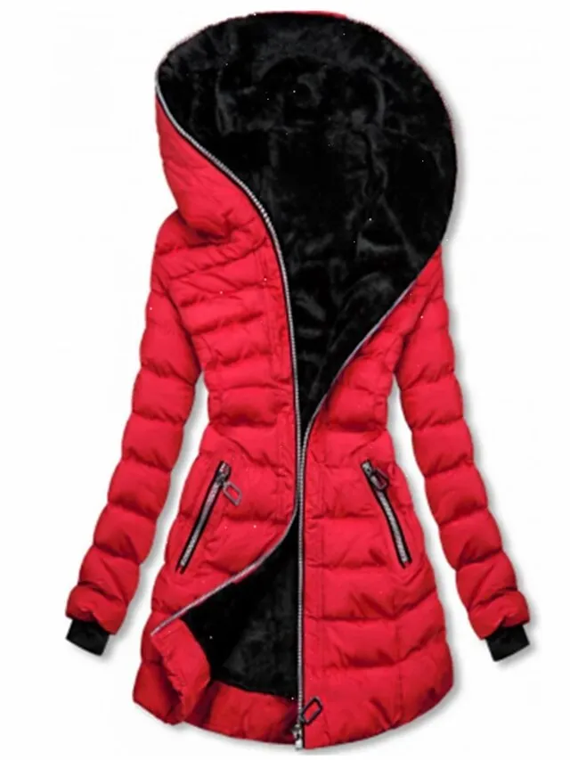 Women's Puffer Jacket Long Full Zip Pocket Button Coat Black Yellow Silver Red Casual Street Fall Zipper Hoodie Loose S M L XL XXL / Daily / Warm / Breathable / Solid Color / Lined