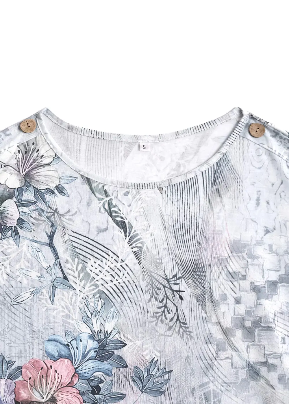 Grey Button Random Floral Print Short Sleeve T Shirt