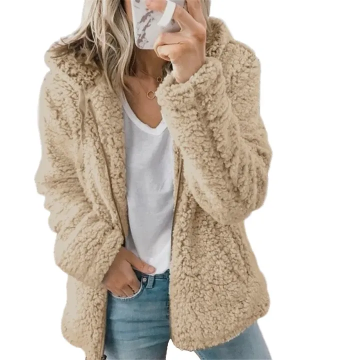 Solid Plush Hooded Zipper Coat