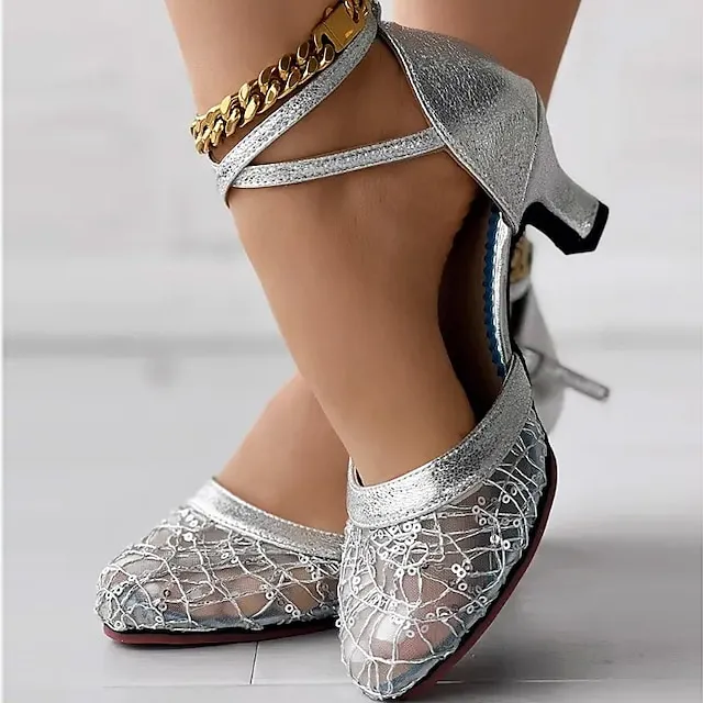 Women's Heels Wedding Shoes Sandals Sexy Shoes Stilettos Comfort Shoes Outdoor Daily Summer Sequin Low Heel Pointed Toe Fashion Elegant Sexy Mesh Cross Strap Solid Color Black 5.5cm Black 3.5cm Blue