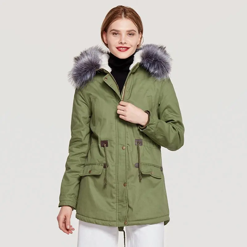 Faux Fur Collar Pockets Drawstring Women Parka Jacket Oversized Coat