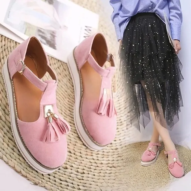 Women's Sandals Platform Sandals Plus Size Outdoor Daily Walking Summer Tassel Platform Flat Heel Round Toe Closed Toe Vintage Casual Faux Leather Synthetics Buckle Solid Color Solid Colored Black