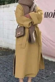 Front Pockets Lapel Faux Woolen Coat