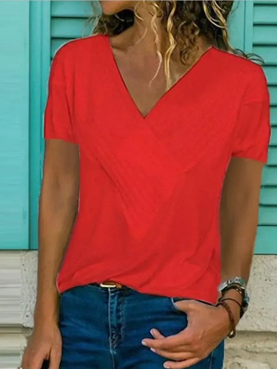 Casual V-neck Solid Color Short Sleeve T-Shirt