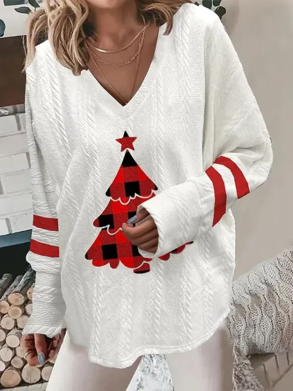 Women‘s Christmas Pullover Sweater Jumper V Neck Crochet Knit Polyester Print Fall Winter Christmas Weekend Casual Soft Long Sleeve Xmas Tree Pink Red Green S M L