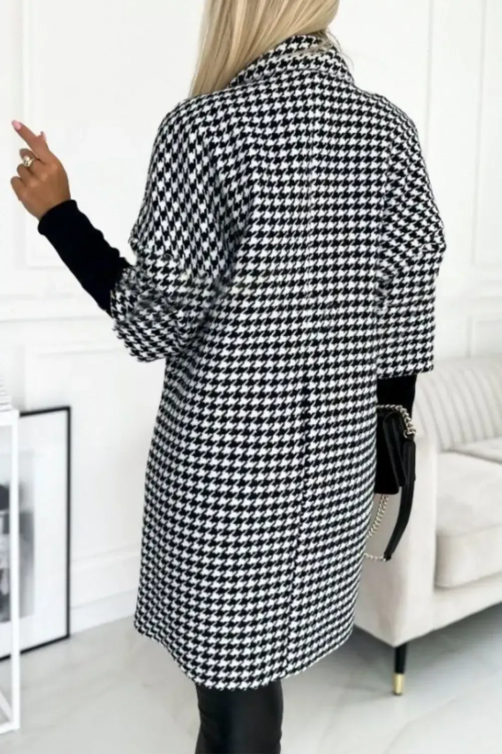 Women's Houndstooth Sleeves Knitted Patchwork Lapel Jacket